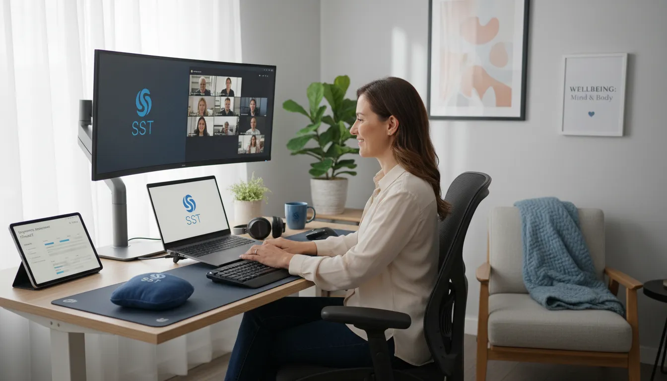 Um trabalhador remoto em um ambiente de escritório em casa ergonômico e seguro, enfatizando a saúde ocupacional e o bem-estar no trabalho remoto.