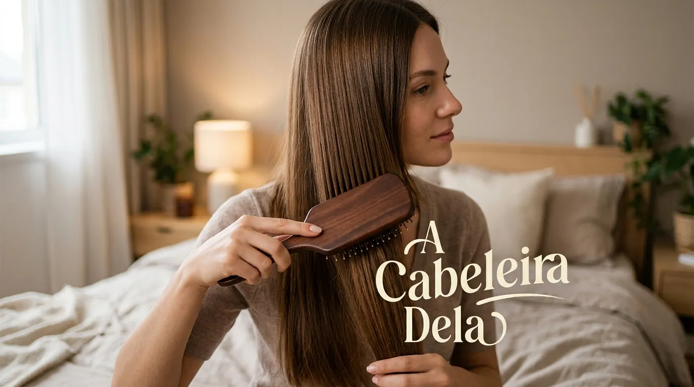 Mulher escovando cabelo liso e brilhante com escova para cabelo raquete de madeira.