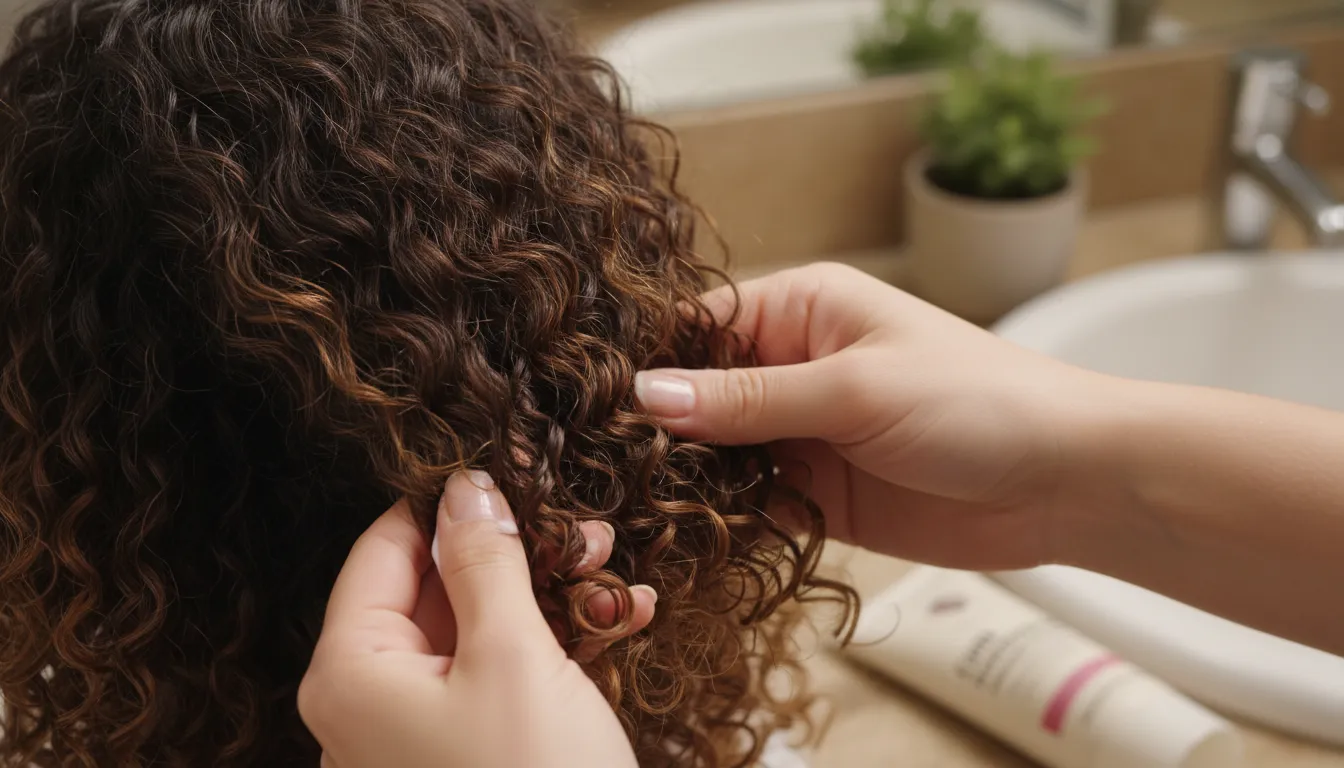 Aplicação de creme em cabelo cacheado, realçando definição e textura sem pesar nos fios.