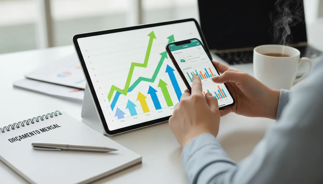 Gráfico de finanças e uso de aplicativo para organização de dívidas e controle financeiro pessoal.