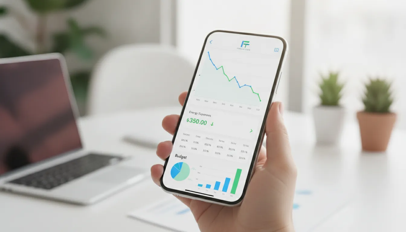 Tela de celular mostrando economia anual energia solar por assinatura e logo Financia Tudo.