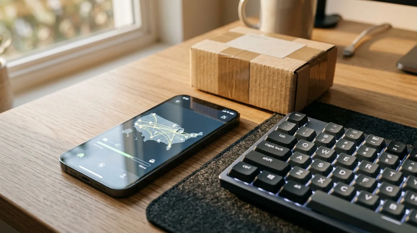 Smartphone com mapa de rotas logísticas mostrando como vender nos EUA de forma eficiente.