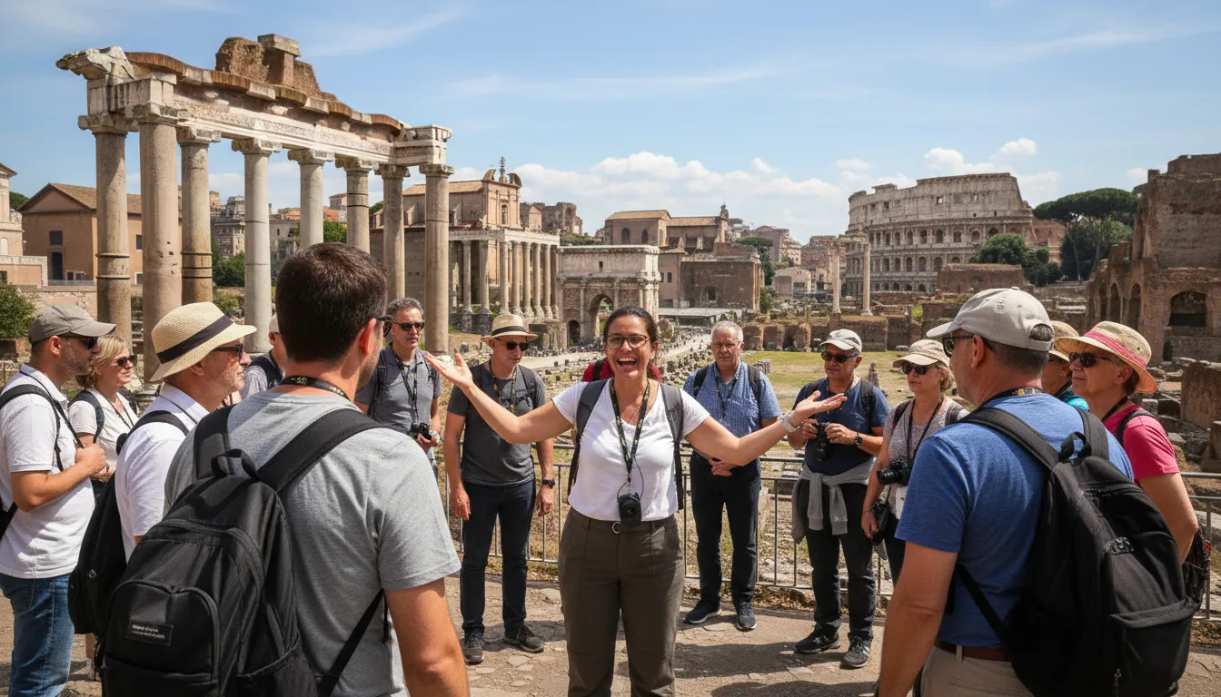 Turistas em visita guiada em Roma com guia e bandeira da Viagente. Descubra como viajar com segurança e aproveitar ao máximo suas viagens.