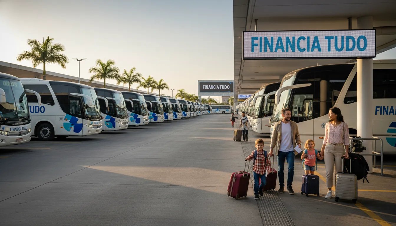 Terminal de ônibus com vários veículos exibindo o logo da Financia Tudo e uma família embarcando, representando a segurança e oportunidade oferecidas pelo empréstimo com ônibus em garantia.