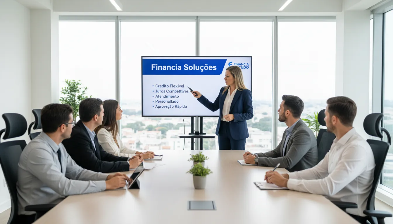 Apresentação sobre como encontrar clientes para indicar crédito, destacando as soluções financeiras e os benefícios da Financia Tudo.