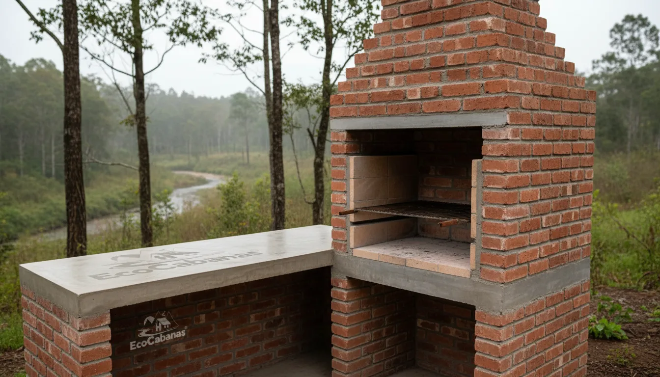 Detalhe de uma churrasqueira de alvenaria moderna, perfeitamente integrada ao design sustentável das Eco Cabanas.