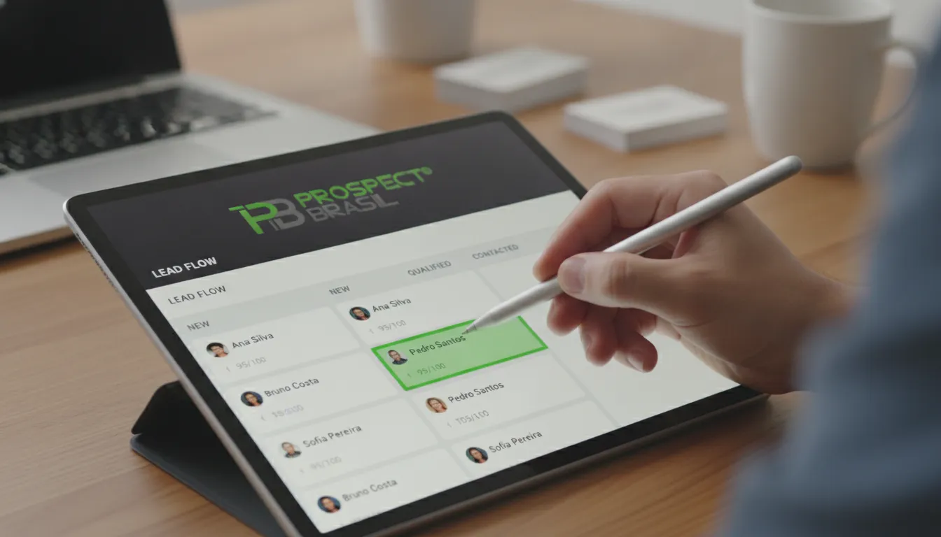 Mão usando tablet com CRM, qualificando leads e gerenciando informações para prospecção B2B eficaz.