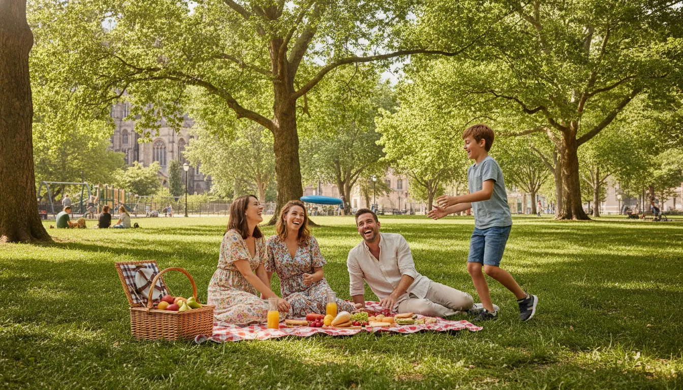 Família feliz e relaxada em piquenique no parque, após consolidar dívidas com home equity.