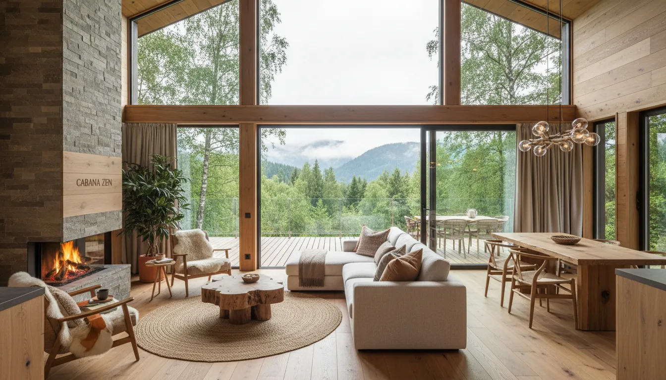 Interior de cabana modular: ambiente sofisticado, janelas amplas e integração com vegetação.