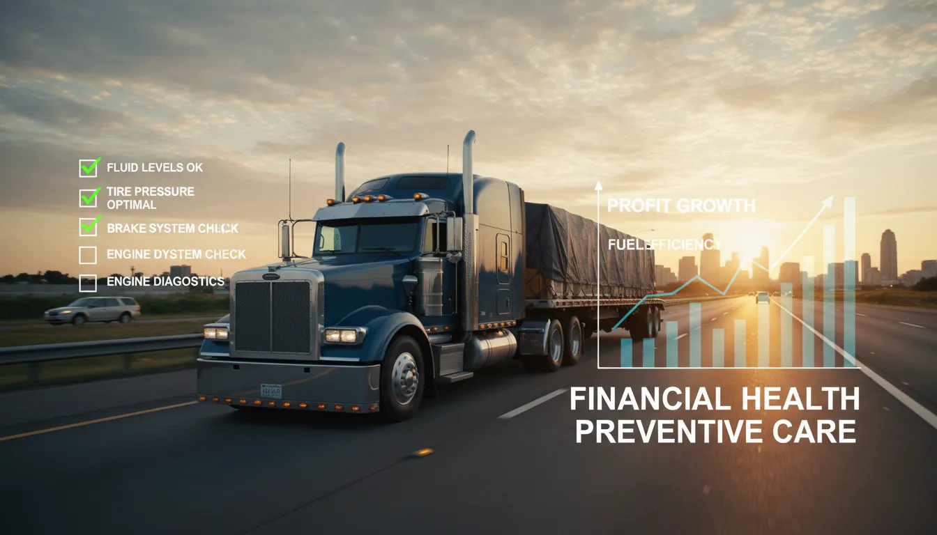 Caminhão em perfeito estado trafega ao amanhecer, sugerindo manutenção em dia e segurança financeira.