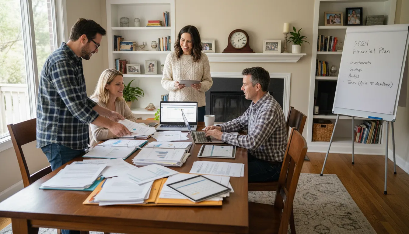 Família adulta planejando finanças em casa com dispositivos eletrônicos ao redor