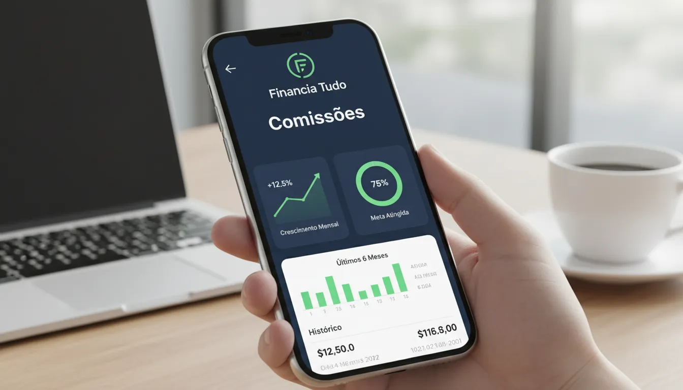 Interface de aplicativo mostrando dados financeiros sobre parceria com fintechs, com o logo da Financia Tudo.