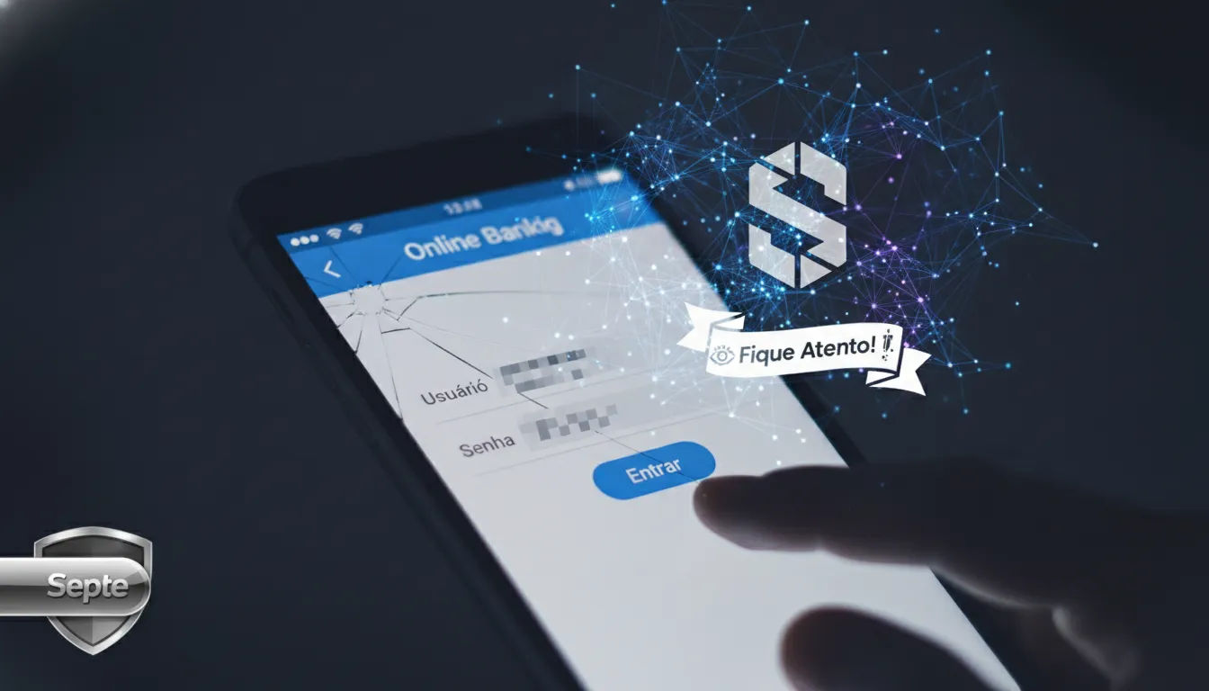Smartphone exibindo app bancário falso — representação de ataque de phishing para roubo de credenciais.