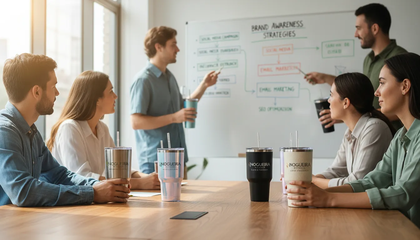Jovens profissionais em um espaço de trabalho colaborativo segurando um copo com canudo personalizado, refletindo o impacto dos brindes na conscientização da marca.