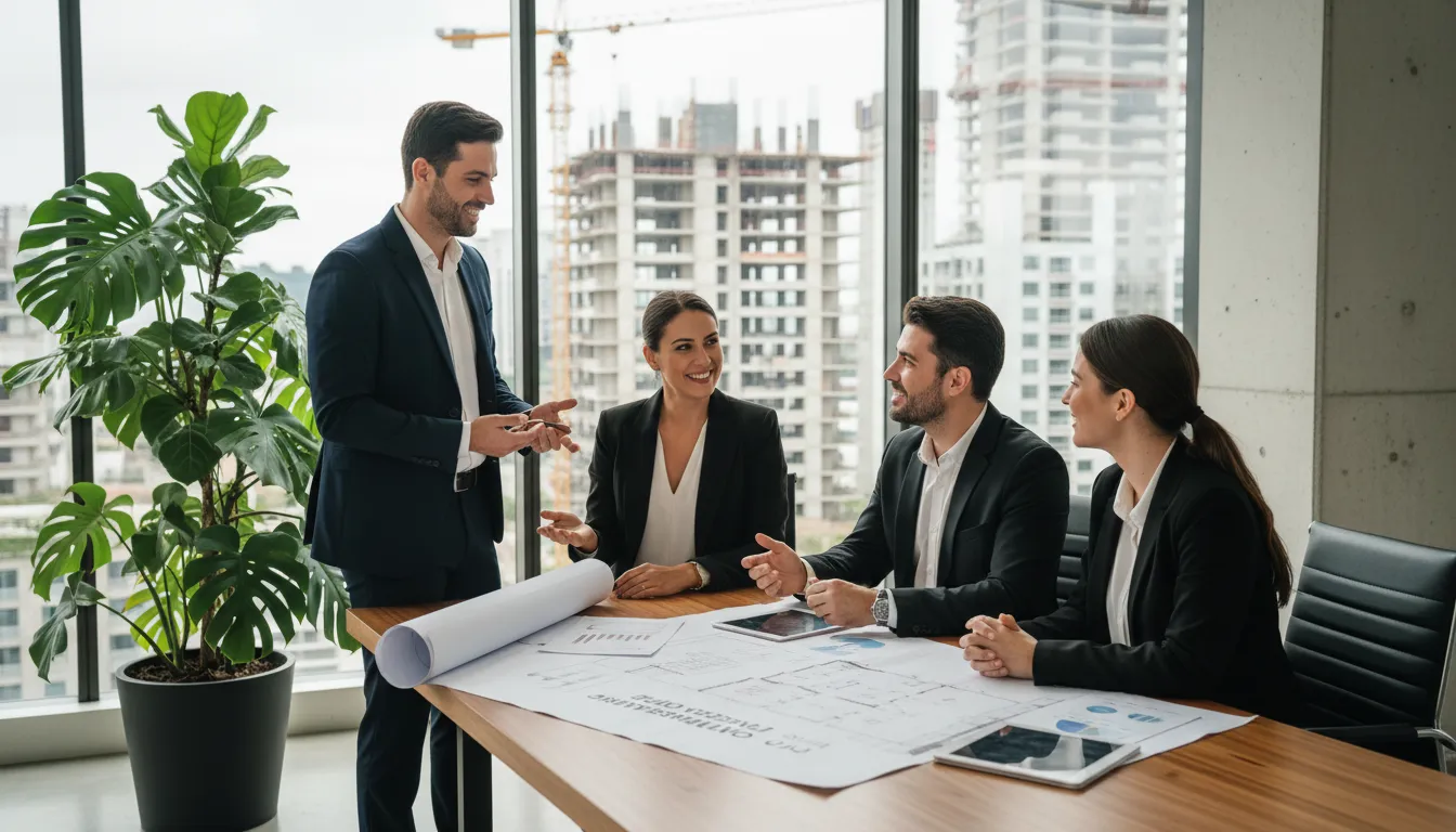 Consultores financeiros orientando casal com plantas de obra e documentos em escritório moderno.