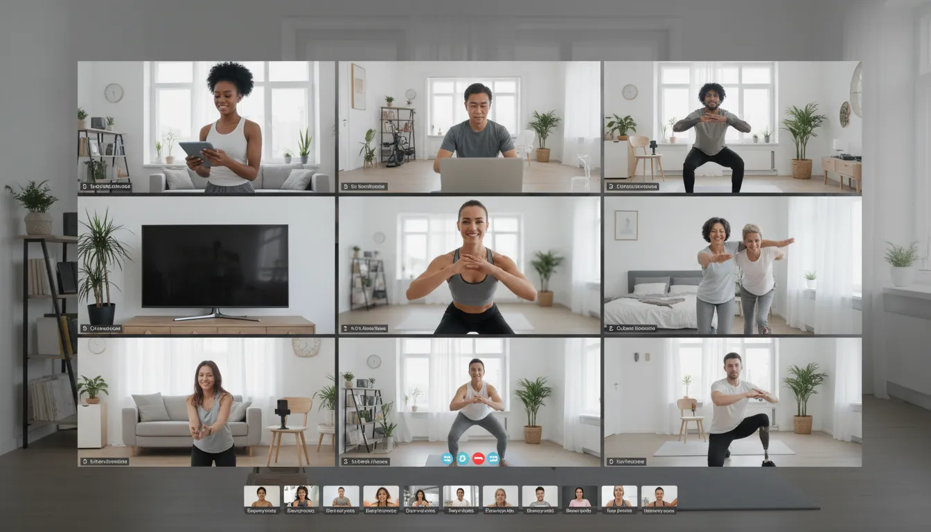 Grupo diverso participando de aula de treino online personalizado ao vivo, liderado por um personal trainer.