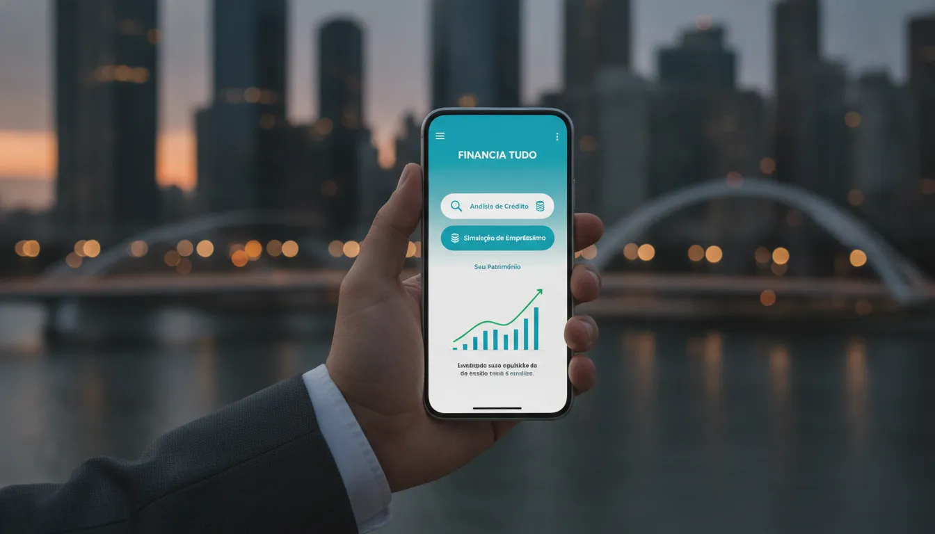 Mão usa app Financia Tudo para simular crédito, acessando soluções para patrimônio em imóvel financiado.