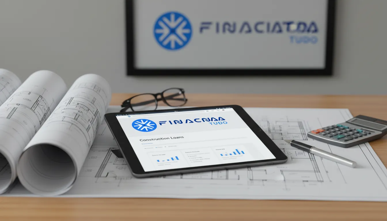 Plantas de uma casa sobre a mesa, com um tablet mostrando informações sobre crédito para construção em terreno próprio da Financia Tudo, auxiliando no planejamento financeiro.
