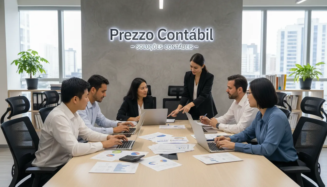 Equipe diversificada da Prezzo Contábil trabalhando junta em um escritório moderno. Imagem para artigo sobre soluções de contabilidade em SP.