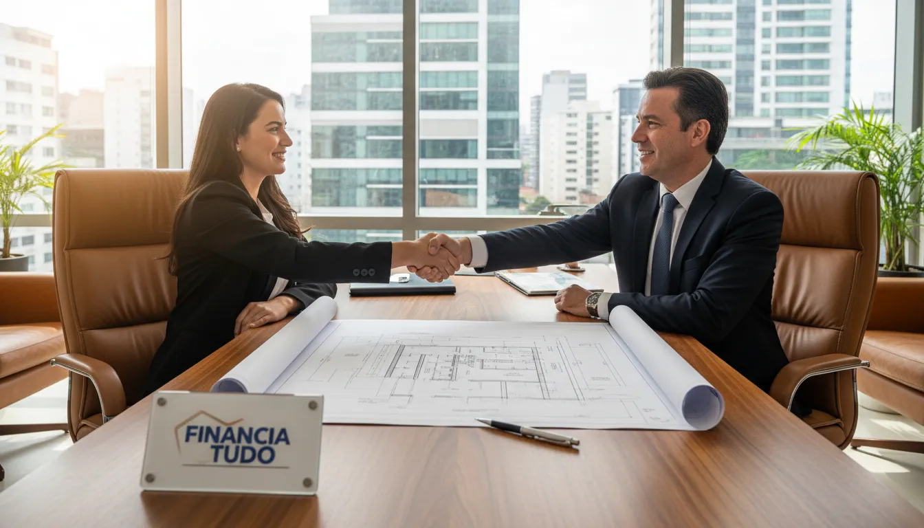 Aperto de mãos entre um cliente e um banqueiro, representando um acordo bem-sucedido de financiamento de imóveis comerciais facilitado pela Financia Tudo.