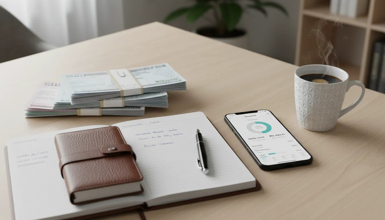 Mesa com contas organizadas, aplicativo de finanças e agenda, representando controle financeiro.