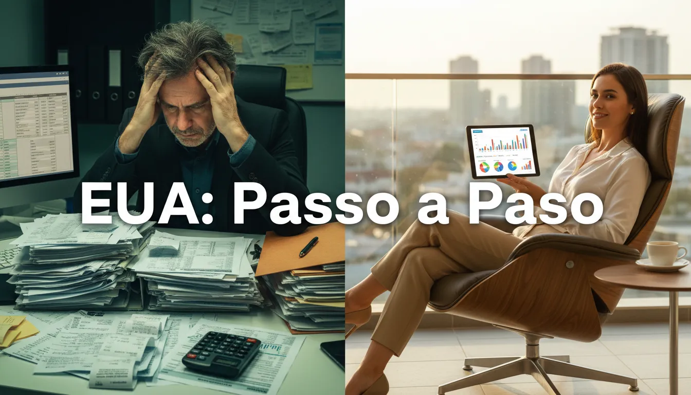 Lado a lado: empresário confuso com impostos vs. empresário tranquilo vendo crescimento. Consultoria para abrir empresa nos EUA.