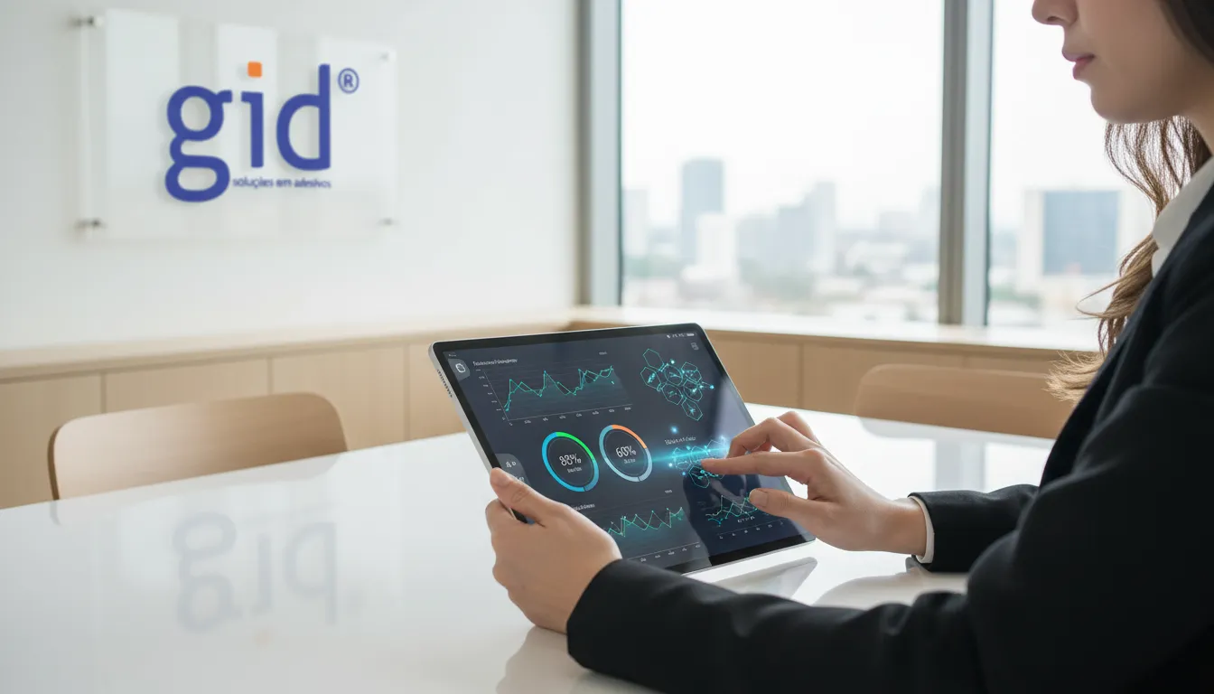 Interface moderna em tablet mostrando métricas de desenvolvimento de sistemas, com branding sutil da GID.