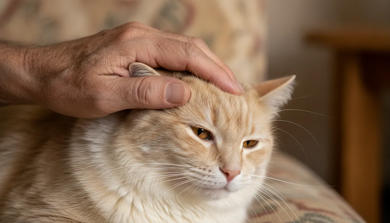 Mão idosa acaricia gato, mostrando conexão e carinho. Pets contribuem para saúde mental e terapia online.