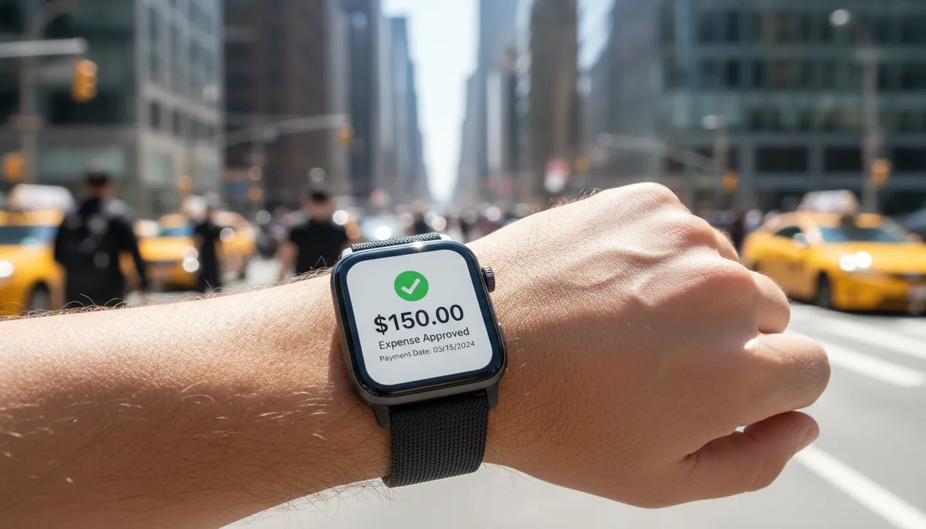 Notificação de reembolso aprovado no smartwatch: agilidade na Gestão de Despesas Corporativas.