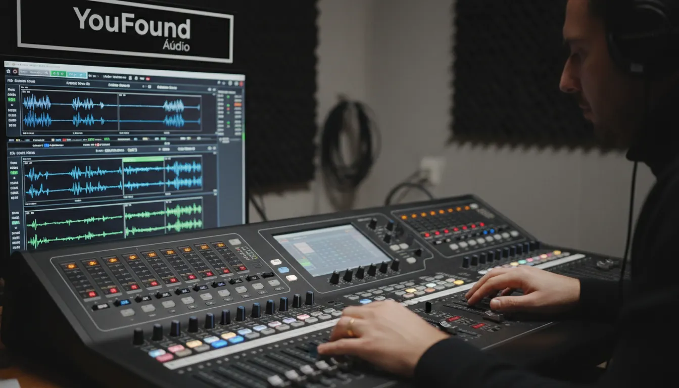 Engenheiro de som ajustando níveis de áudio em console, essencial para um bom microfone para gravar vídeo e garantir áudio limpo.