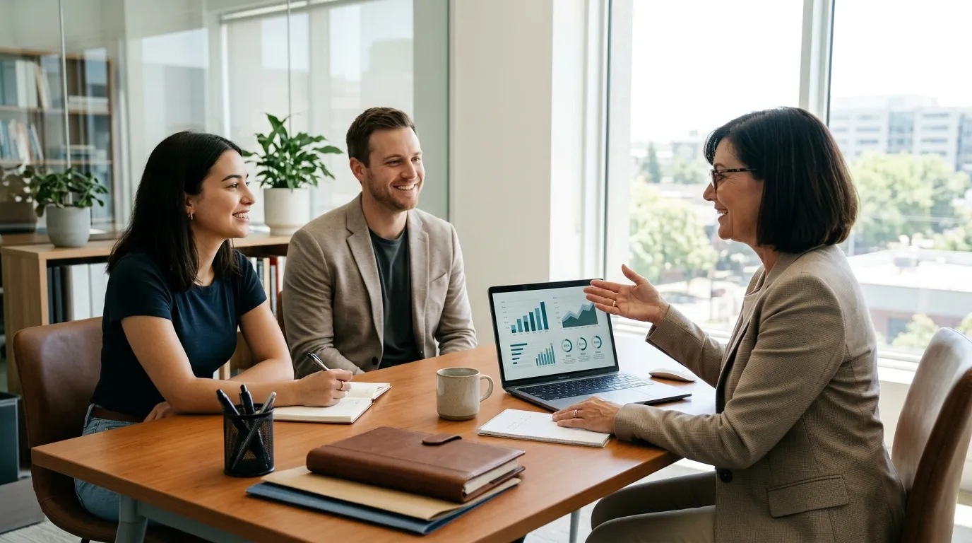 Consultor orientando casal sobre transferência de veículo financiado em reunião.