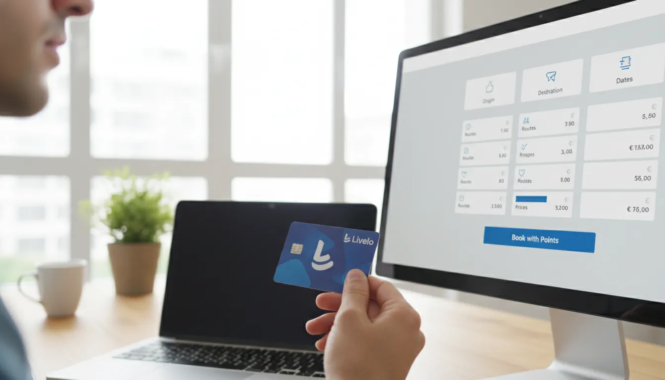 Mão segurando cartão de crédito com logo Livelo, ao lado de laptop com site de voos. Entenda o programa Livelo.