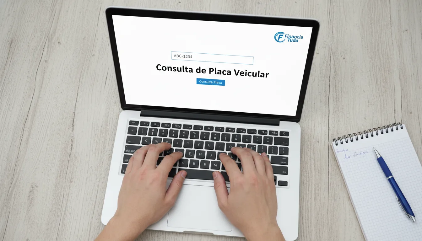 Visão superior de uma pessoa consultando placa veicular em um laptop, com o site da Financia Tudo visível. Facilidade para [consultar placa](https://financiatudo.com.br/).