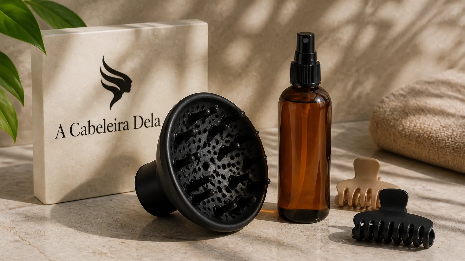 Acessório difusor para cabelo e protetor termico organizados em superficie clara.