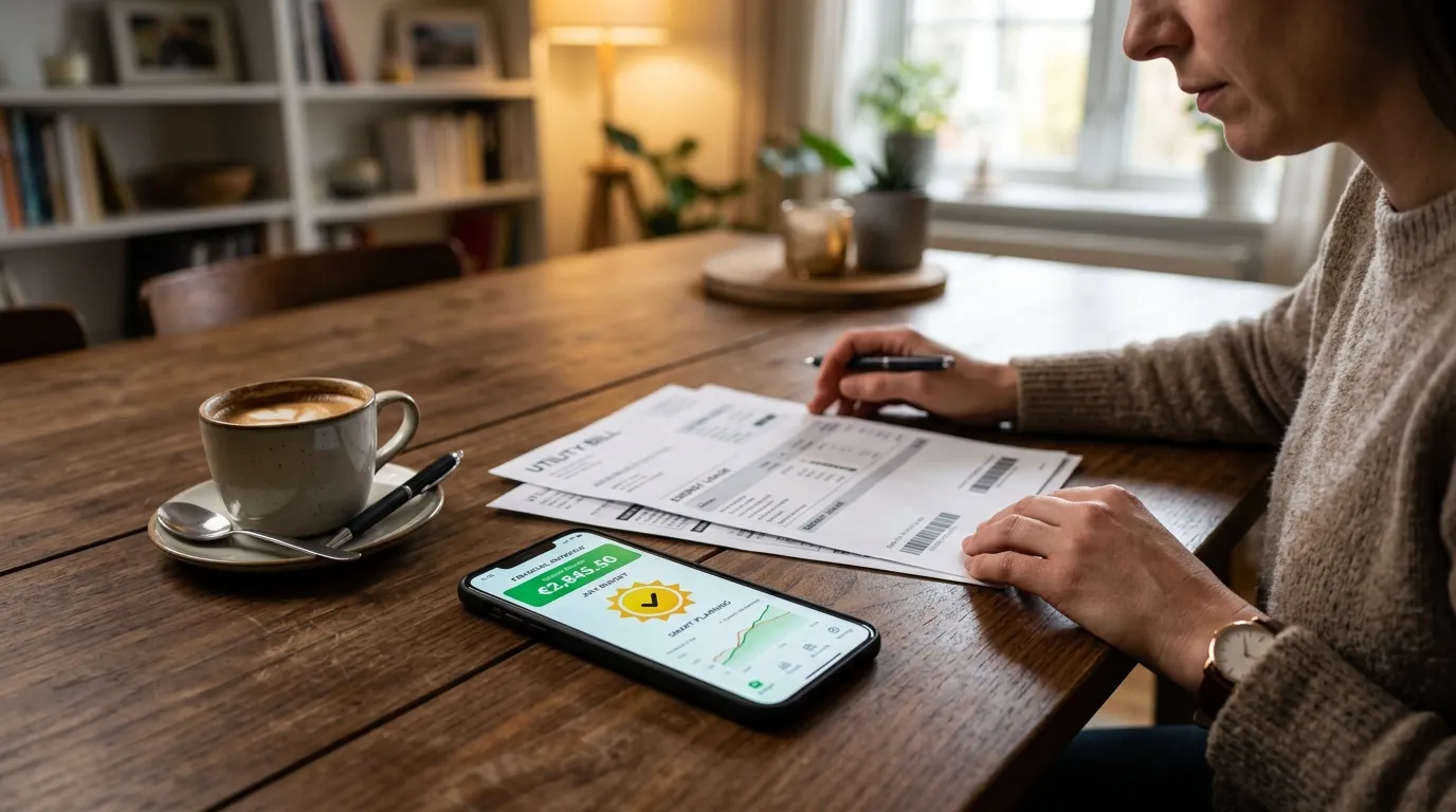 Pessoa analisando contas domésticas para planejar a economia anual energia solar pelo celular em mesa de madeira.