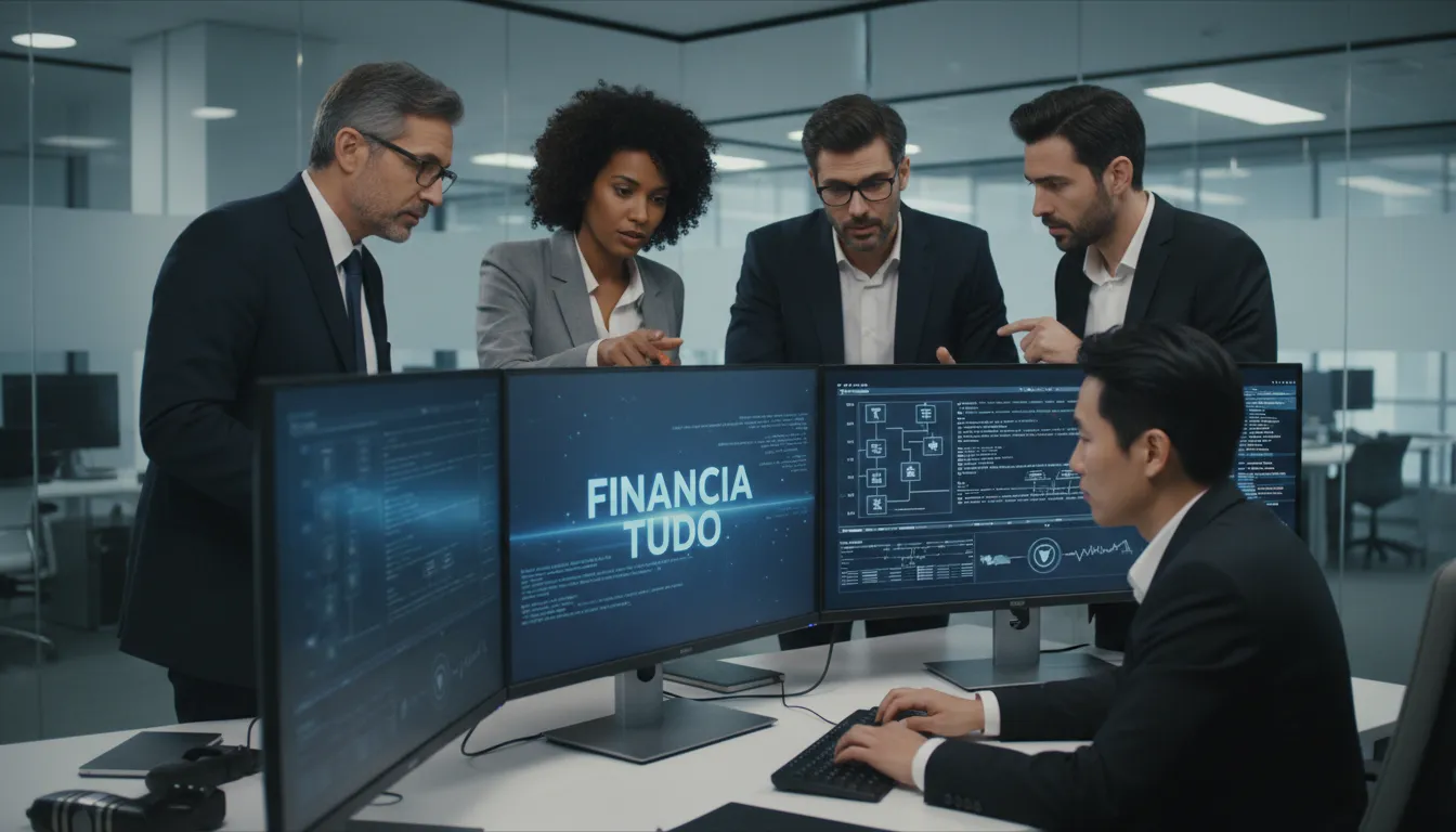 Equipe analisando dados em telas, debatendo sobre segurança. Um olhar sobre como as fintechs são seguras e confiáveis.