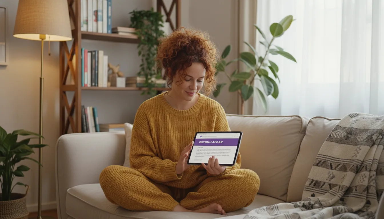Mulher lendo sobre rotinas capilares em um tablet. Entenda como o cronograma capilar funciona e adapte-o à sua rotina com A Cabeleira Dela.