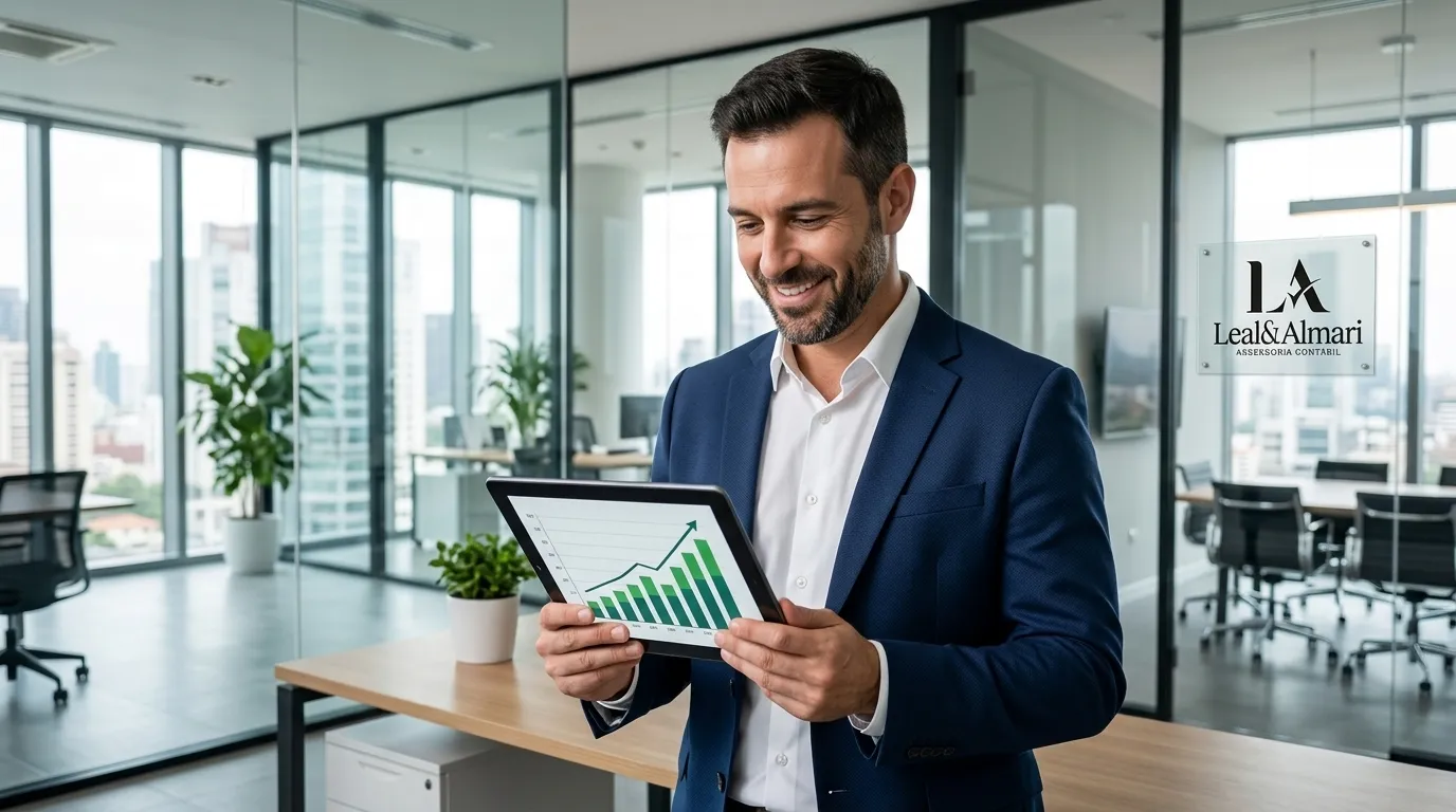 Empreendedor sorridente controlando o crescimento da sua empresa gestão financeira inteligente.