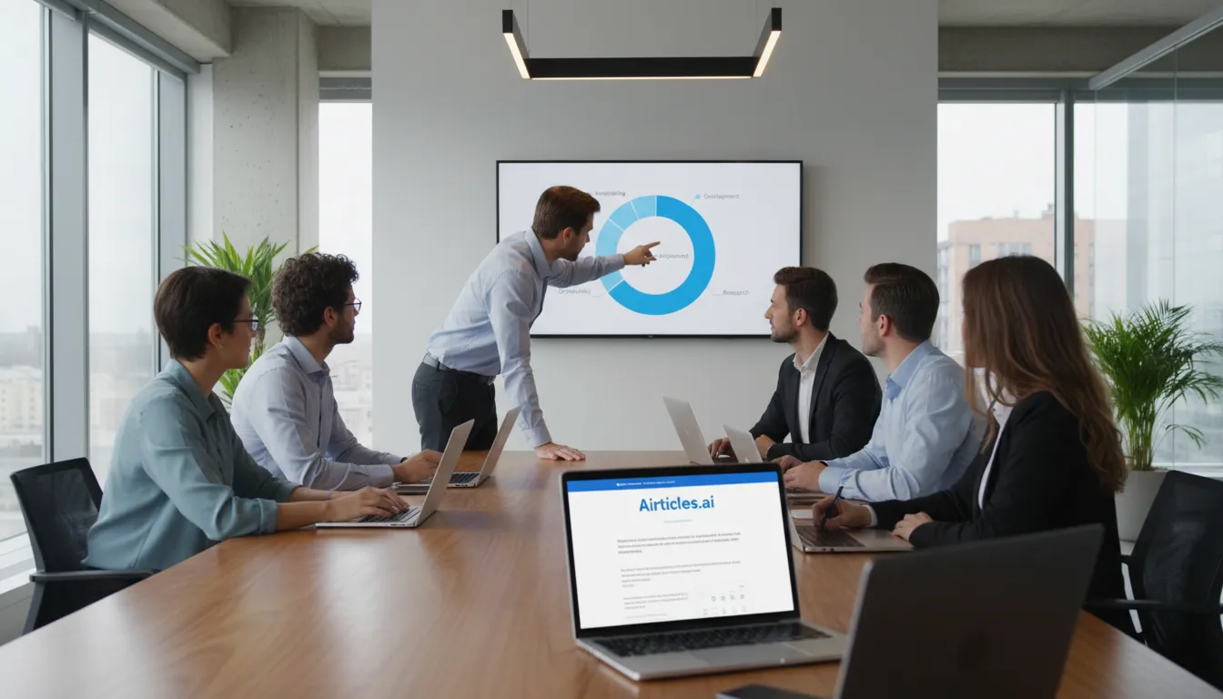 Pessoas colaborando em laptops em um escritório moderno, com um gráfico de pizza de alocação de orçamento visível, usando a Calculadora de Orçamento Airticles.ai.