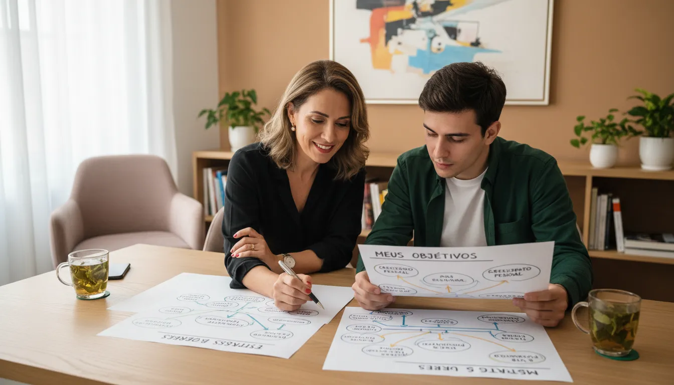 Profissional auxiliando jovem em consultório com esquemas mentais e definições de objetivo em destaque.