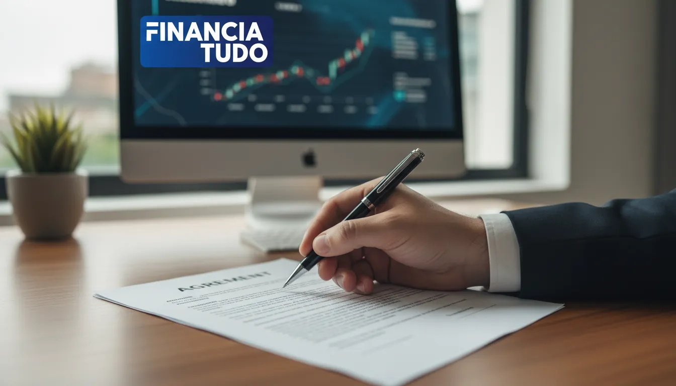 Close-up de um contrato sendo assinado, representando a formalização de um empréstimo para condomínios.