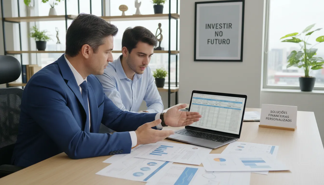 Consultor apresentando alternativas de crédito pessoal e financiamento de forma clara para cliente jovem