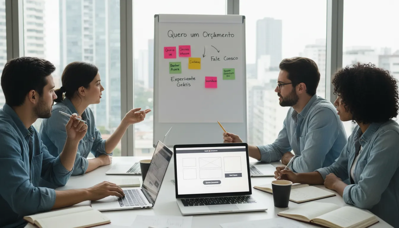 30 Ideias de CTA Prontos para Botões em Sites e Landing Pages 2 Equipe em reunião criativa discutindo textos para botões CTA, com esboços de landing pages nos notebooks.