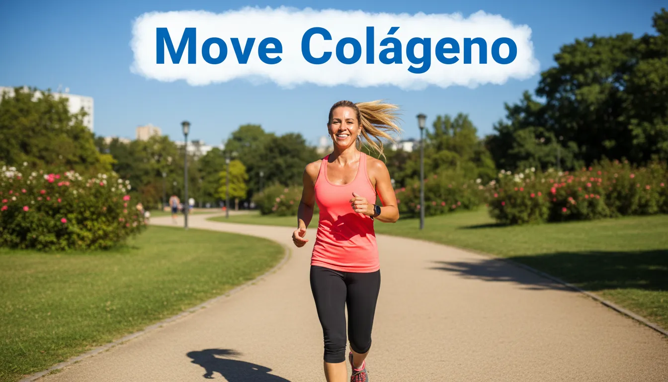 Mulher ativa correndo em um parque, demonstrando a energia e pele saudável, sugerindo os benefícios do colágeno hidrolisado. Destaque no céu para Move Colágeno.