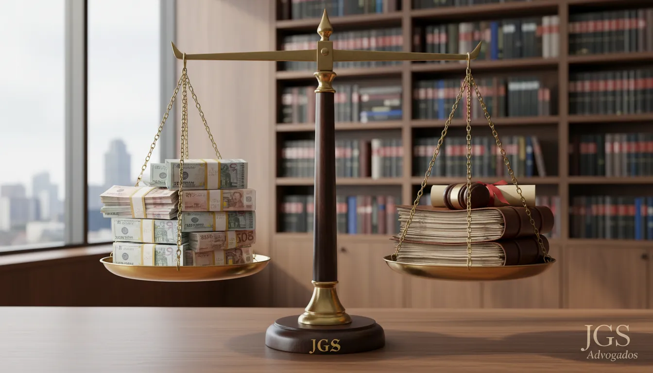 Balança equilibrando dinheiro e documentos legais, ilustrando a importância da revisão capital de giro para equilibrar finanças e direitos com a JGS Advogados.