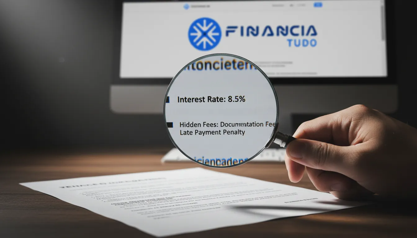 Lente de aumento examinando contrato de financiamento de veículos com menores juros, enfatizando a importância da análise detalhada.