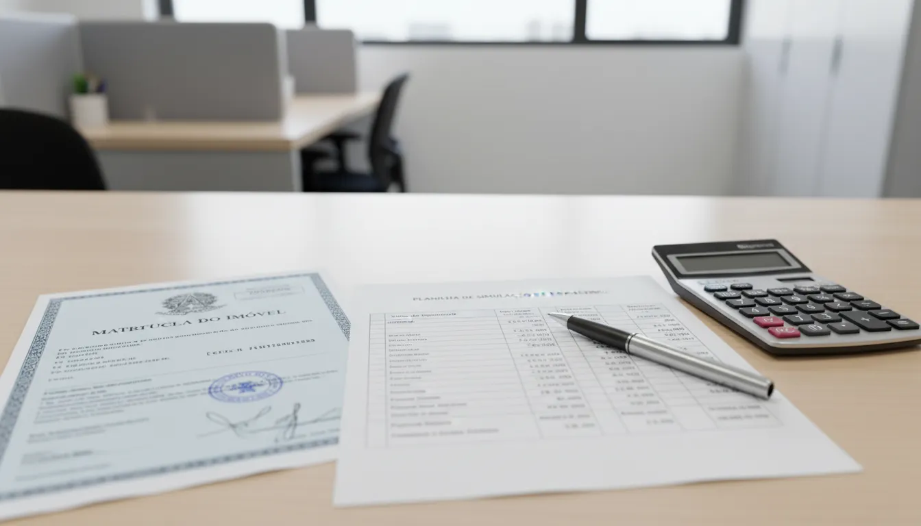 Mesa com documentos, matrícula de imóvel, simulação de empréstimo e calculadora organizada em ambiente claro.
