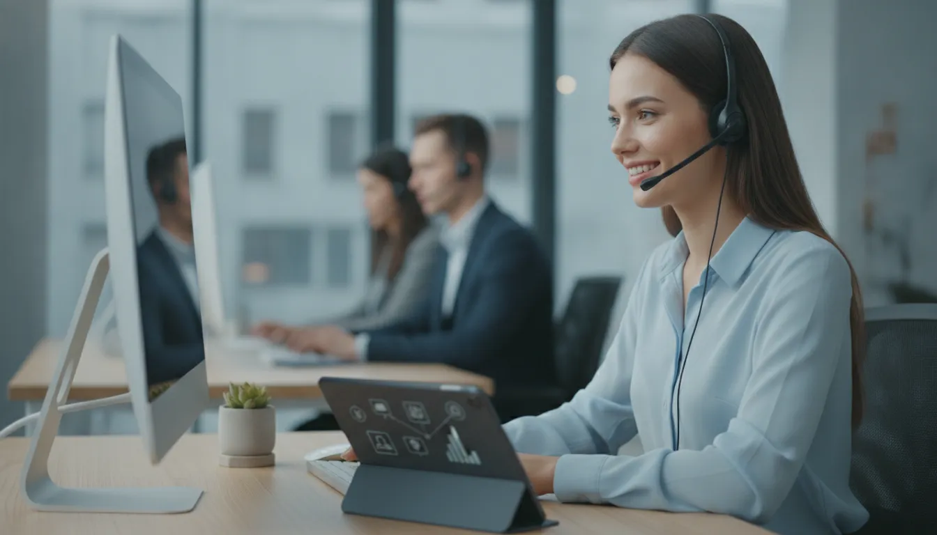 Atendente sorridente foca na relação com clientes, usando tecnologia para atendimento eficiente e personalizado.