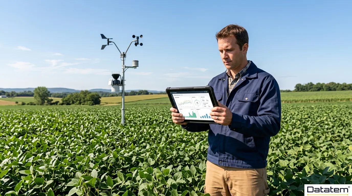 Produtor rural monitorando dados de uma estação meteorológica automática via tablet.