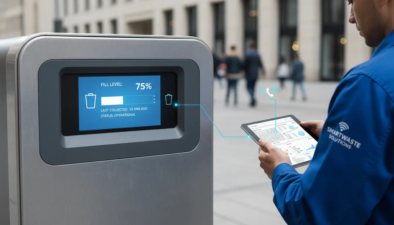 Sensor IoT instalado em lixeira urbana, mostrando nível de resíduos e conexão de dados em tempo real.